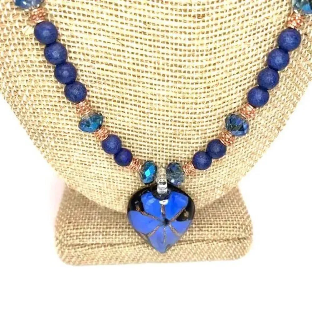 Vintage 90s Blown Glass Teardrop Flower Pendant Necklace 21in
